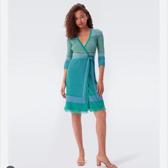 DVF Lyric Knit Wrap Dress in Knit Stripe Cloud Turquoise - Picture 1 of 3